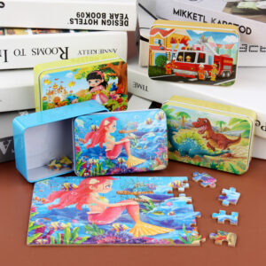 Hot New 60 Pieces Wooden Puzzle Toys for Children Cartoon Vehicle Animal Wood Jigsaw Baby Learning Educational Toy Kids Gift Metal Box Double Sided Puzzle Toy For Kids